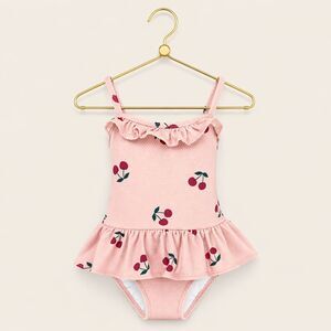 Kuling Girls One Piece Swimsuit Pink Cherry Ruffle Size 110/116 (Fits 3T-4T)